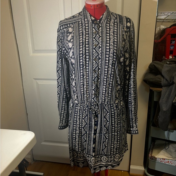 Angie Navy and White Patterned Button Up Dress - Picture 1 of 3
